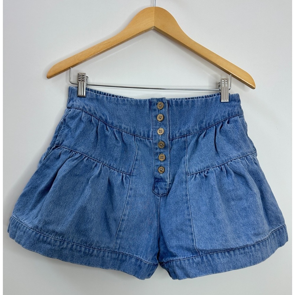 Bohme Blue Denim Tiered Ruffle Shorts Medium Wash Button Front High Rise Size M - Picture 2 of 13